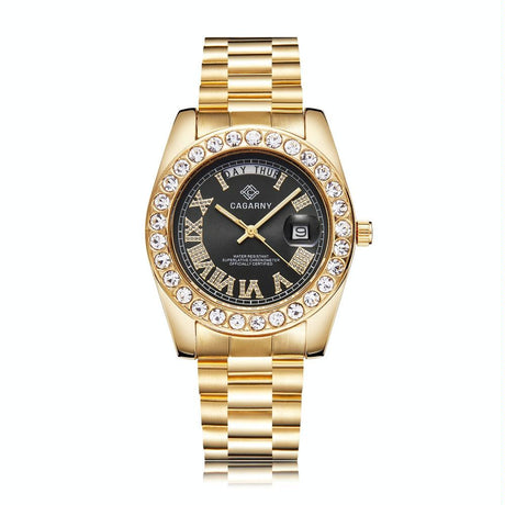 Men Quartz Watch With Diamond-Encrusted Roman Numeral Dial