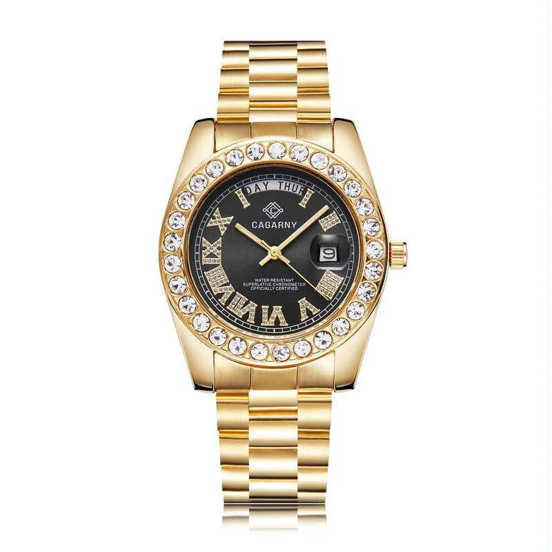 Men Quartz Watch With Diamond-Encrusted Roman Numeral Dial