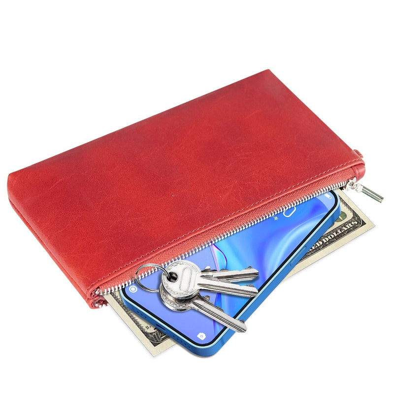 Retro Leather Clutch Bag With Zipper - 6 Inch - Brown