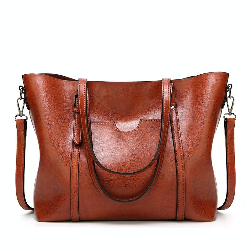 Stylish All-Match Leather Handbag - Wax Finish - Black