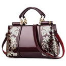 Shiny Leather Handbag With Single-Sided Embroidery - Red Wine