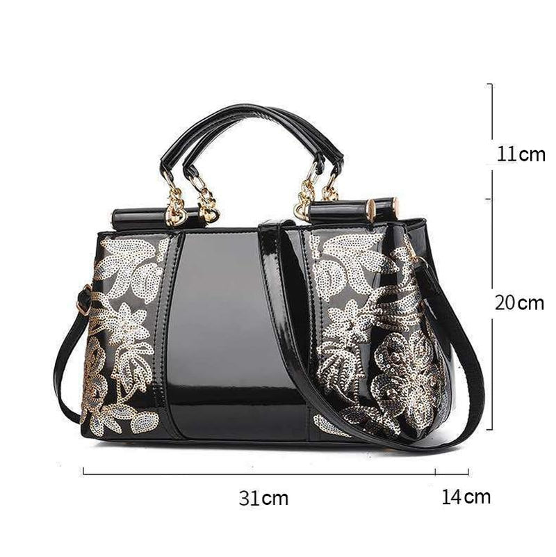 Shiny Leather Handbag With Single-Sided Embroidery - Red Wine