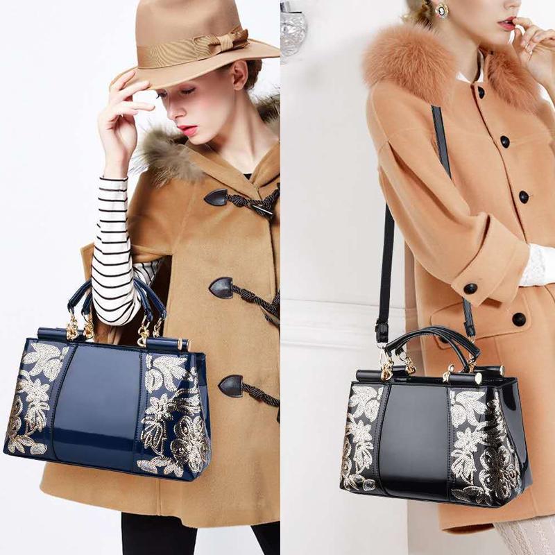 Shiny Leather Handbag With Single-Sided Embroidery - Red Wine