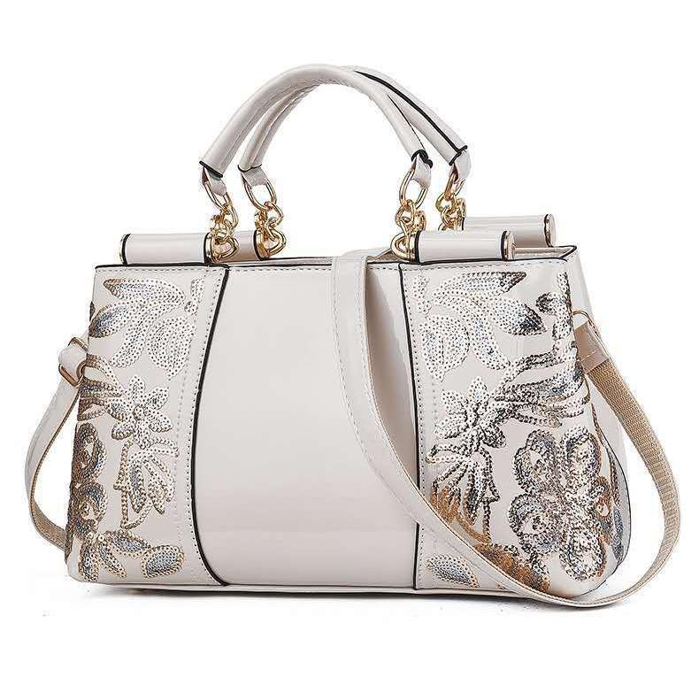Shiny Leather Handbag With Single-Sided Embroidery - Red Wine