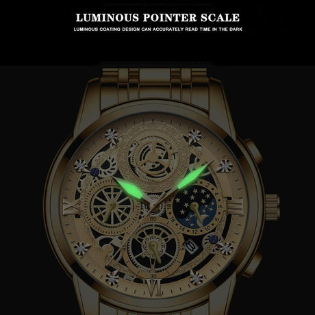Waterproof Luminous Quartz Watch with Multifunctional Design - White Steel Black Surface