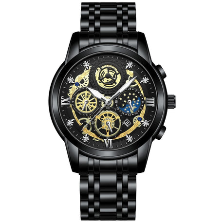 Waterproof Luminous Quartz Watch with Multifunctional Design - White Steel Black Surface