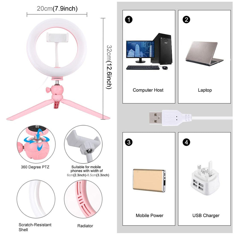 7.9 Led Ring Light With Tripod And Phone Clamp - 3 Modes Dimmable Dual Colour Temperature