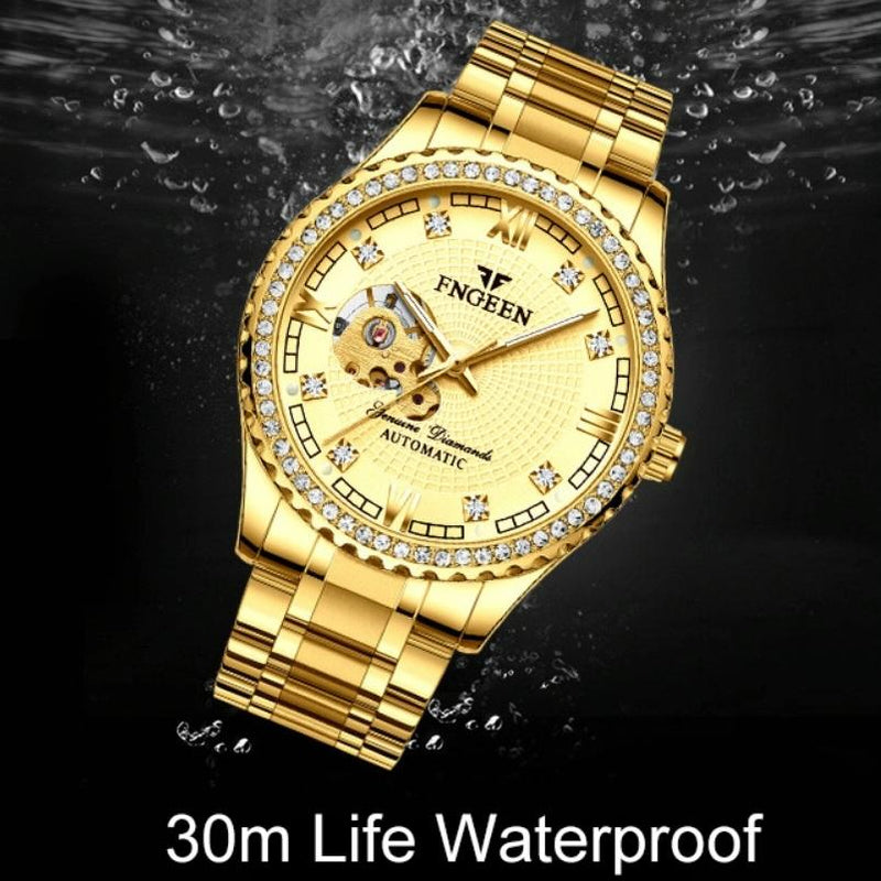 Gold Automatic Mechanical Watch With Diamond Accents For Men
