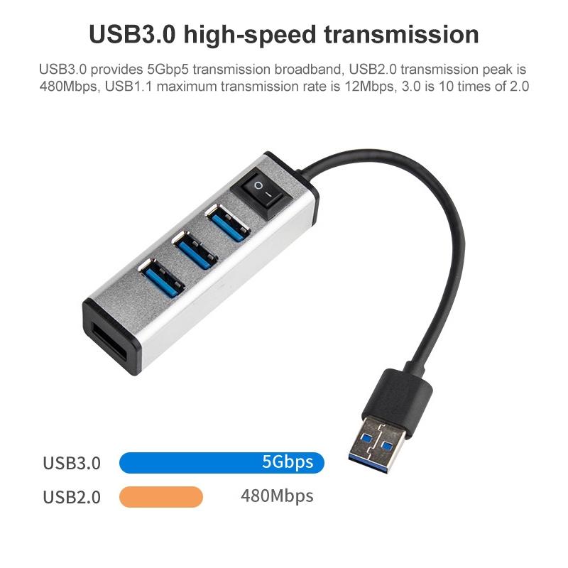 4-Port Aluminum Usb 3.0 Hub With Switch - Grey