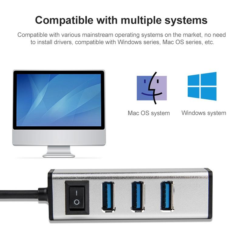 4-Port Aluminum Usb 3.0 Hub With Switch - Grey
