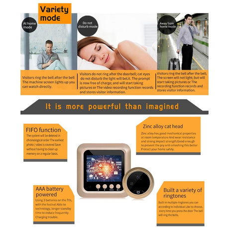 2.4 Screen 2.0Mp Security Camera With Night Vision And Video Recording - No Disturb Peephole Viewer - Gold