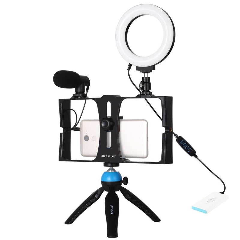 Vlogging Live Broadcast Smartphone Video Rig With Led Selfie Light Microphone Tripod Mount And Cold Shoe Head - Blue