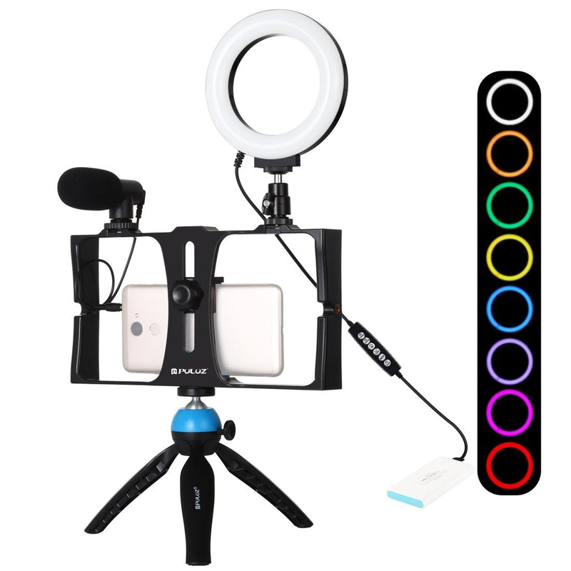 Vlogging Live Broadcast Smartphone Video Rig With 4.7 Inch Rgbw Ring Led Selfie Light Microphone And Pocket Tripod Mount Kit