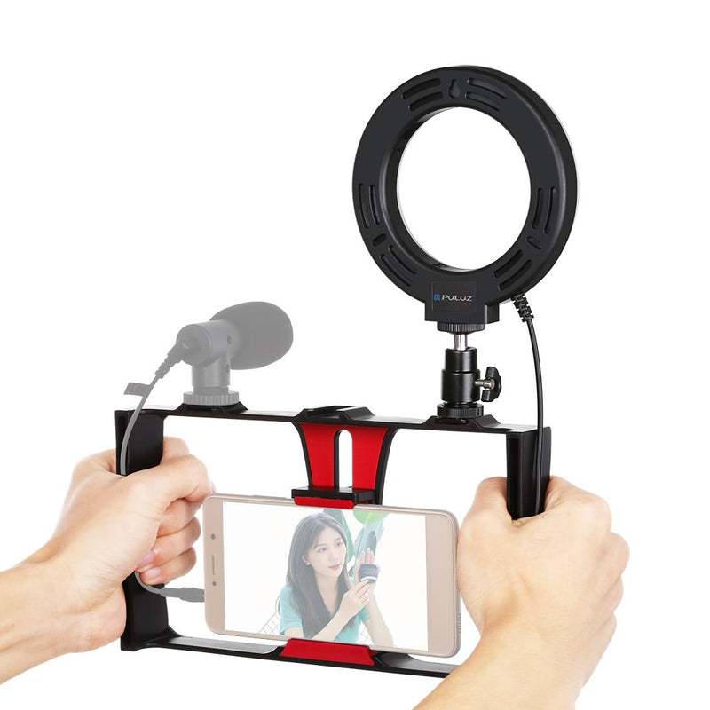 Vlogging Live Broadcast Smartphone Video Rig With 4.7 Inch Ring Led Selfie Light Kit And Cold Shoe Tripod Head - Blue