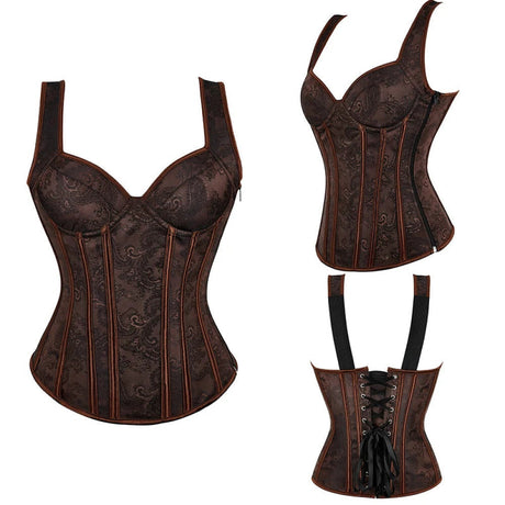 Adjustable Plus Size Steampunk Gothic Corset With G String S To 6Xl - Brown - 6Xl