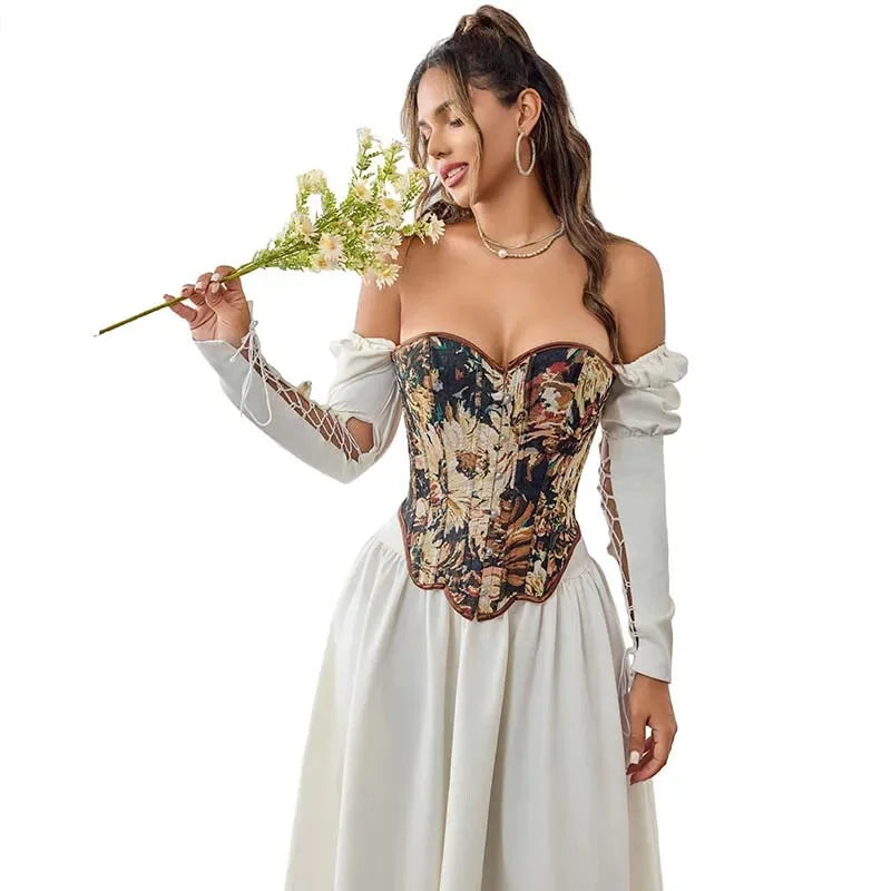 Floral Fishbone Corset Top Retro Bodice Plus Size Xs-Xl Flounce Irregular Bustier - Xl