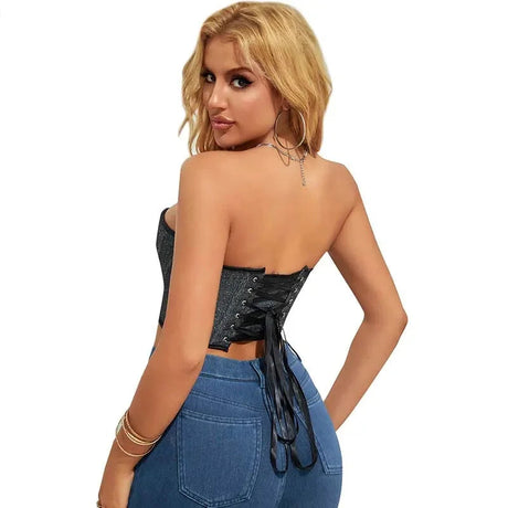 Gray Gothic Punk Crop Top Women Lacing Bandage Bustier With Zipper Plus Size S-Xxl - Xl