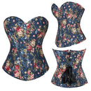 Floral Lace-Up Denim Corset Plus Size S-6Xl Boned Strapless Blue / Black - Black - M