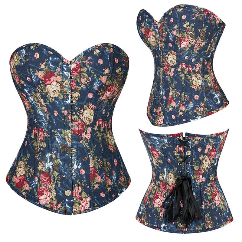 Floral Lace-Up Denim Corset Plus Size S-6Xl Boned Strapless Blue / Black - Black - S