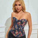 Floral Lace-Up Denim Corset Plus Size S-6Xl Boned Strapless Blue / Black - Black - S