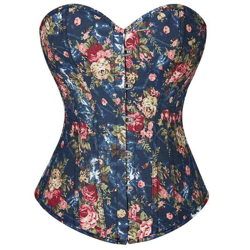Floral Lace-Up Denim Corset Plus Size S-6Xl Boned Strapless Blue / Black - Blue - L