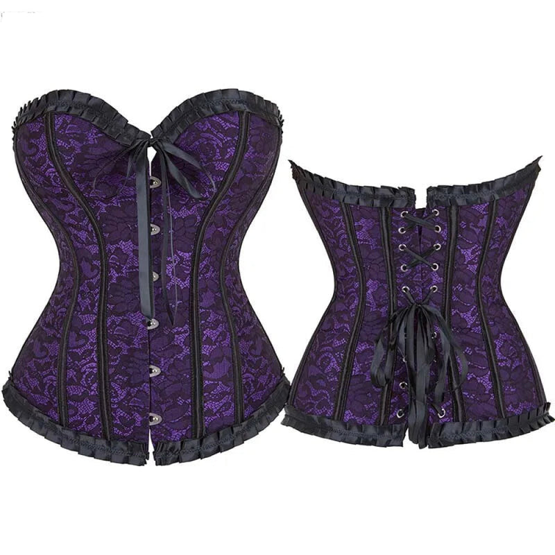 Fishbone Bow Tight Chest Binder Bustier For Gothic Dress Women 10 Red Purple Ruffled Lace Victorian Corset Top - Purple - 5Xl