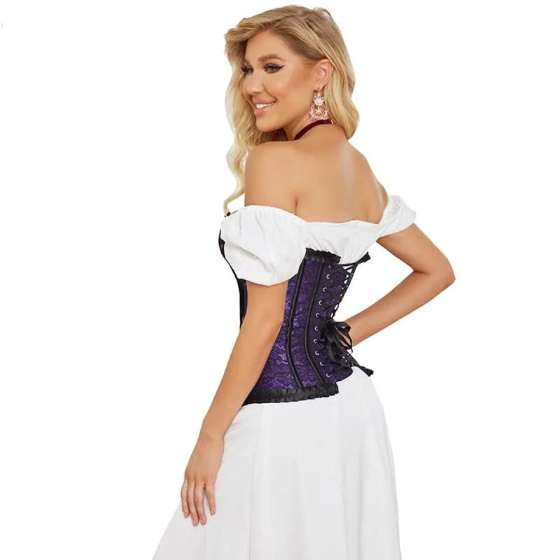 Fishbone Bow Tight Chest Binder Bustier For Gothic Dress Women 10 Red Purple Ruffled Lace Victorian Corset Top - Purple - 5Xl