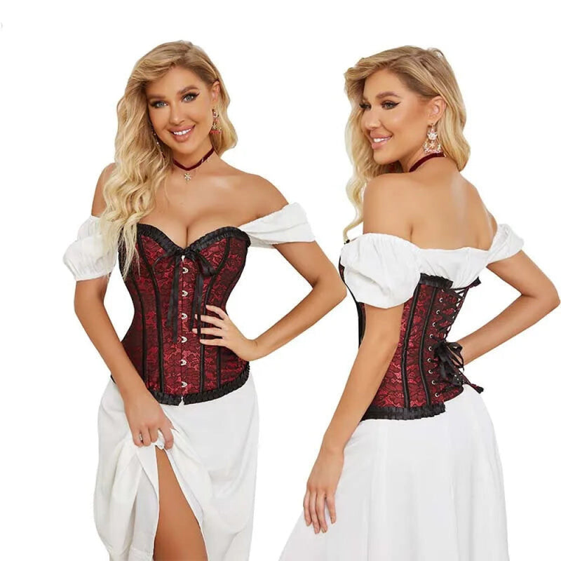 Fishbone Bow Tight Chest Binder Bustier For Gothic Dress Women 10 Red Purple Ruffled Lace Victorian Corset Top - Purple - 5Xl