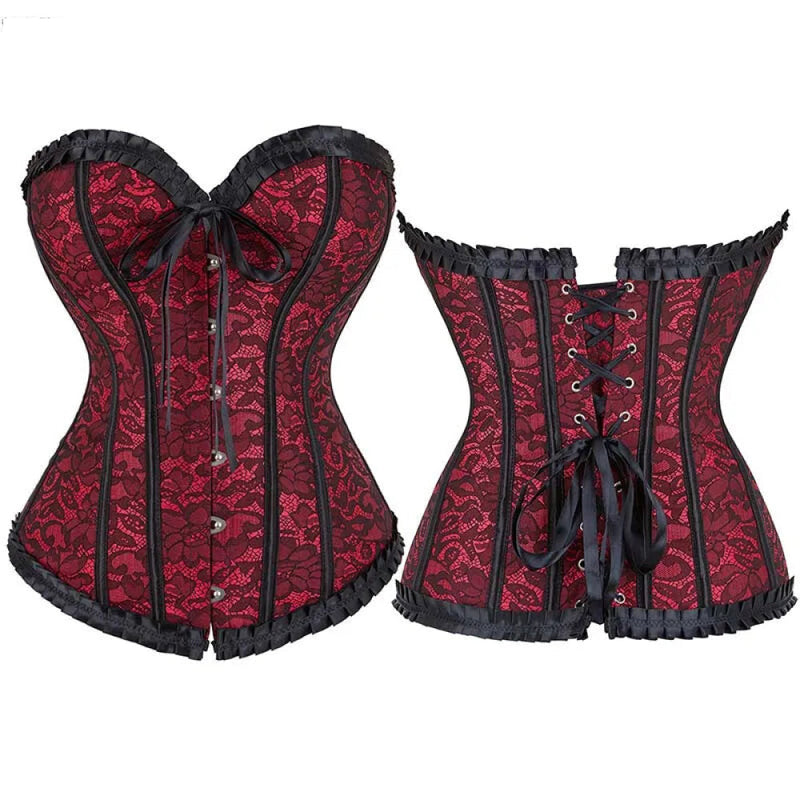 Fishbone Bow Tight Chest Binder Bustier For Gothic Dress Women 10 Red Purple Ruffled Lace Victorian Corset Top - Purple - 5Xl