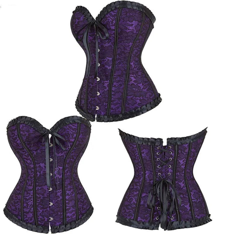 Fishbone Bow Tight Chest Binder Bustier For Gothic Dress Women 10 Red Purple Ruffled Lace Victorian Corset Top - Red - M