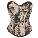 Floral Print Renaissance Corset 12 Plastic Bones Front 5 Busk Closure Plus Size - Blue 502 - Xxxl