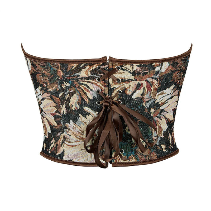 Floral Print Renaissance Corset 12 Plastic Bones Front 5 Busk Closure Plus Size - Blue 502 - Xxxl