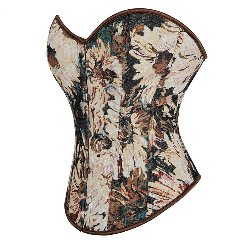 Floral Print Renaissance Corset 12 Plastic Bones Front 5 Busk Closure Plus Size - Blue 502 - Xxxl