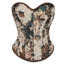 Floral Print Renaissance Corset 12 Plastic Bones Front 5 Busk Closure Plus Size - Blue 502 - Xxxl