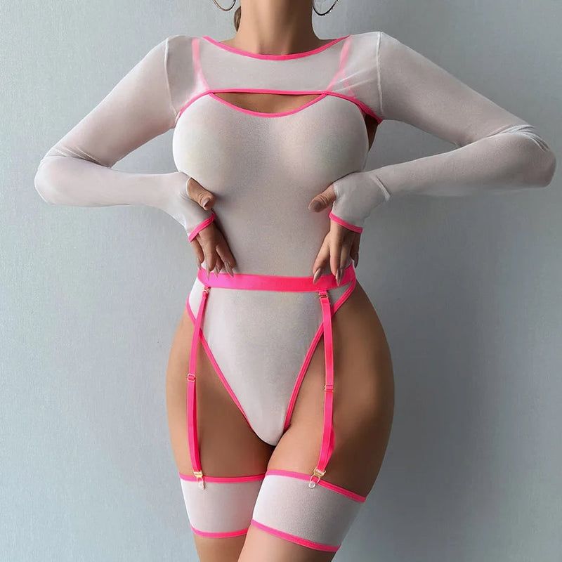 Alluring Transparent Bodysuit Open Crotch Teddy Nightgown For Women - Light Purple - M
