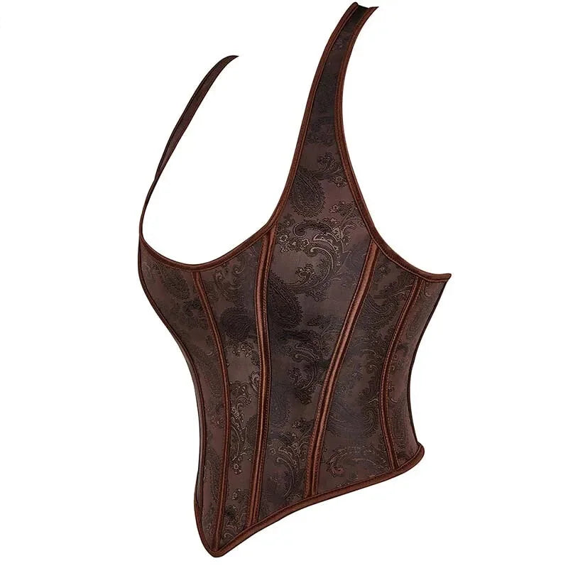 Fish Bone Jacquard Deep V-Neck Corset Crop Top With Halter Neck Plus Size - Xl