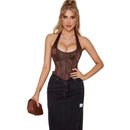 Fish Bone Jacquard Deep V-Neck Corset Crop Top With Halter Neck Plus Size - Xs