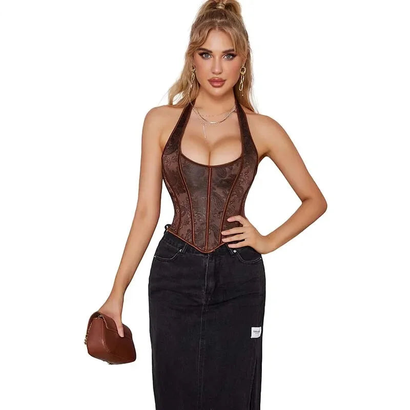 Fish Bone Jacquard Deep V-Neck Corset Crop Top With Halter Neck Plus Size - Xs
