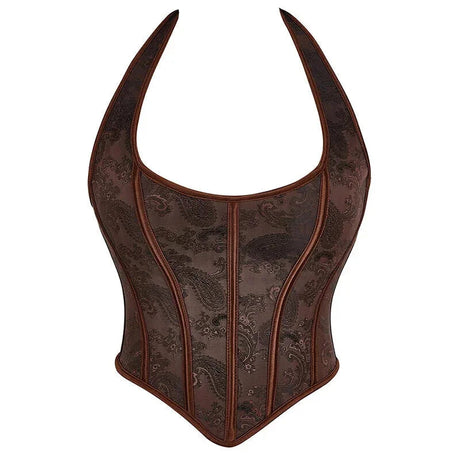 Fish Bone Jacquard Deep V-Neck Corset Crop Top With Halter Neck Plus Size - M