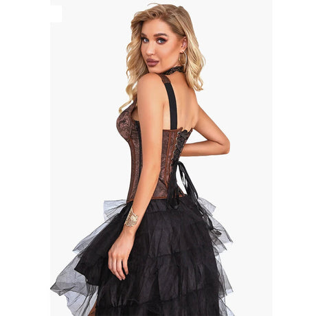Steampunk Jacquard Lace-Up Shoulder Strap Corset Padded Bustier With Zip - Xl