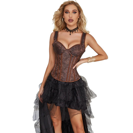 Steampunk Jacquard Lace-Up Shoulder Strap Corset Padded Bustier With Zip - 4Xl