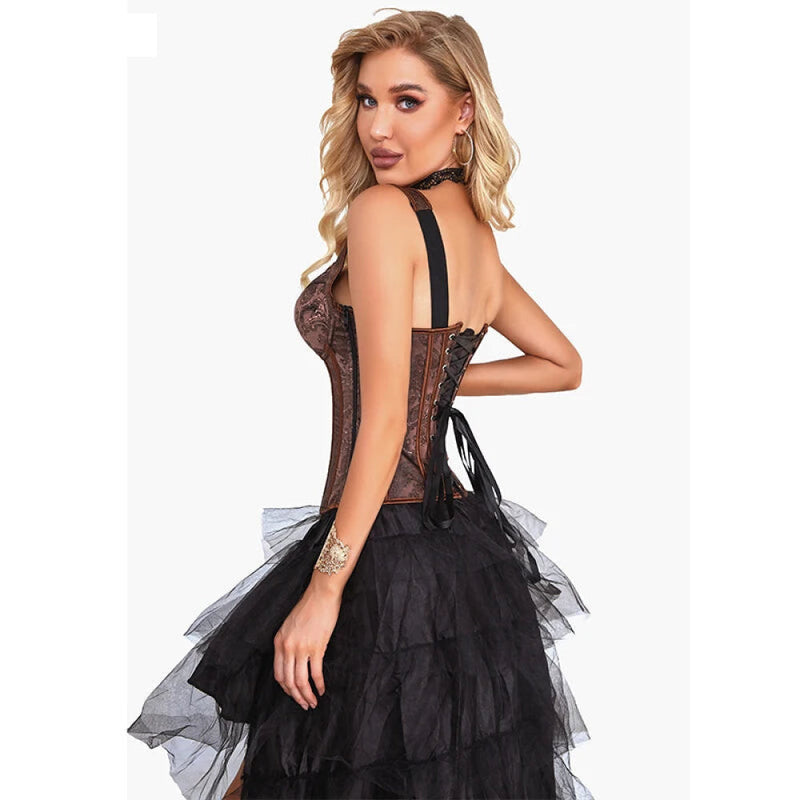 Steampunk Jacquard Lace-Up Shoulder Strap Corset Padded Bustier With Zip - L