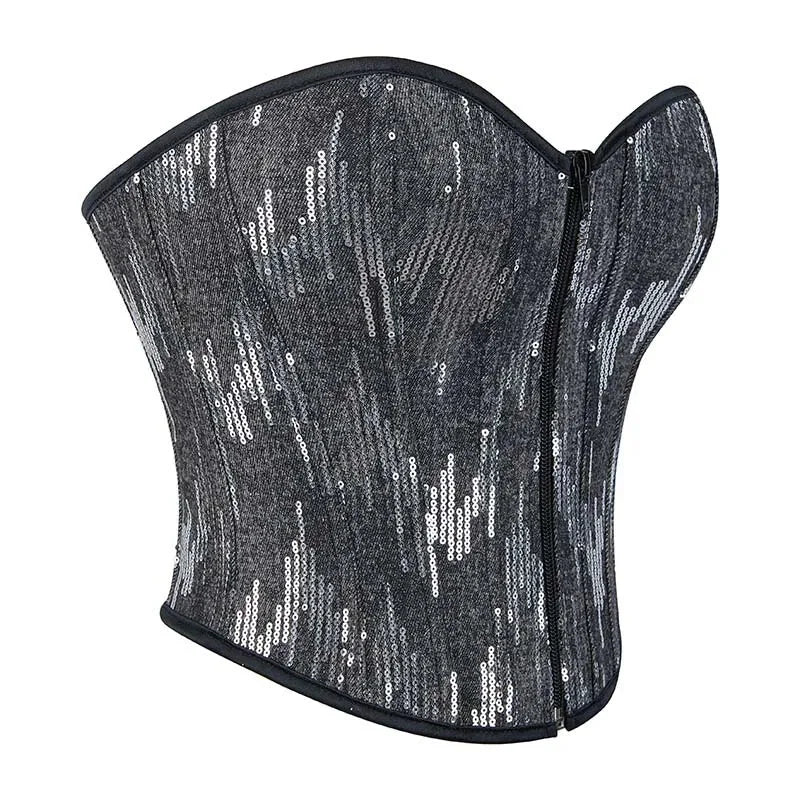 Plus Size Silver Sequin Crop Top With Lace Detail 14 Fishbones Support S-Xxxl - S