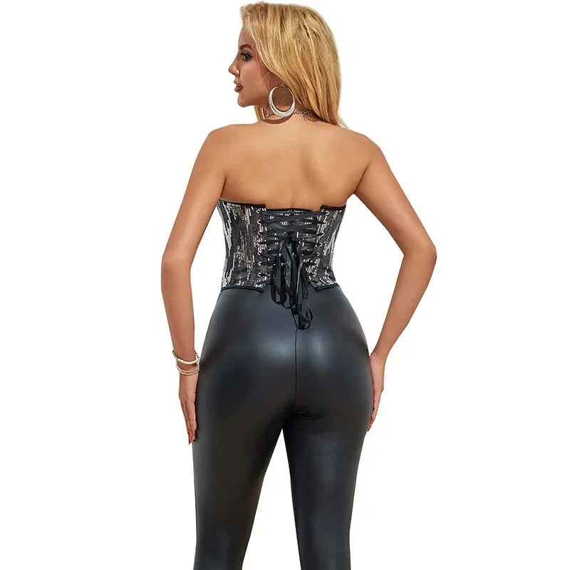 Plus Size Silver Sequin Crop Top With Lace Detail 14 Fishbones Support S-Xxxl - Xxl