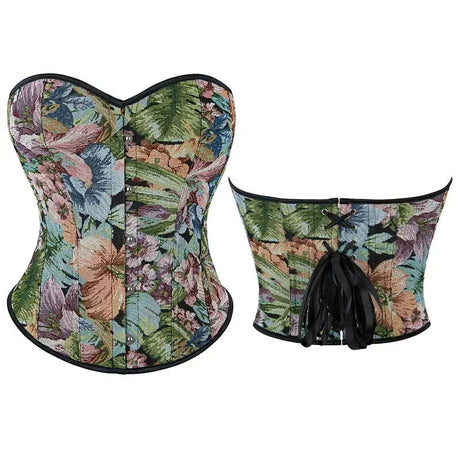 Floral Embroidered Renaissance Corset With Front Busk Closure And Back Lace Women Victorian Bustier - L