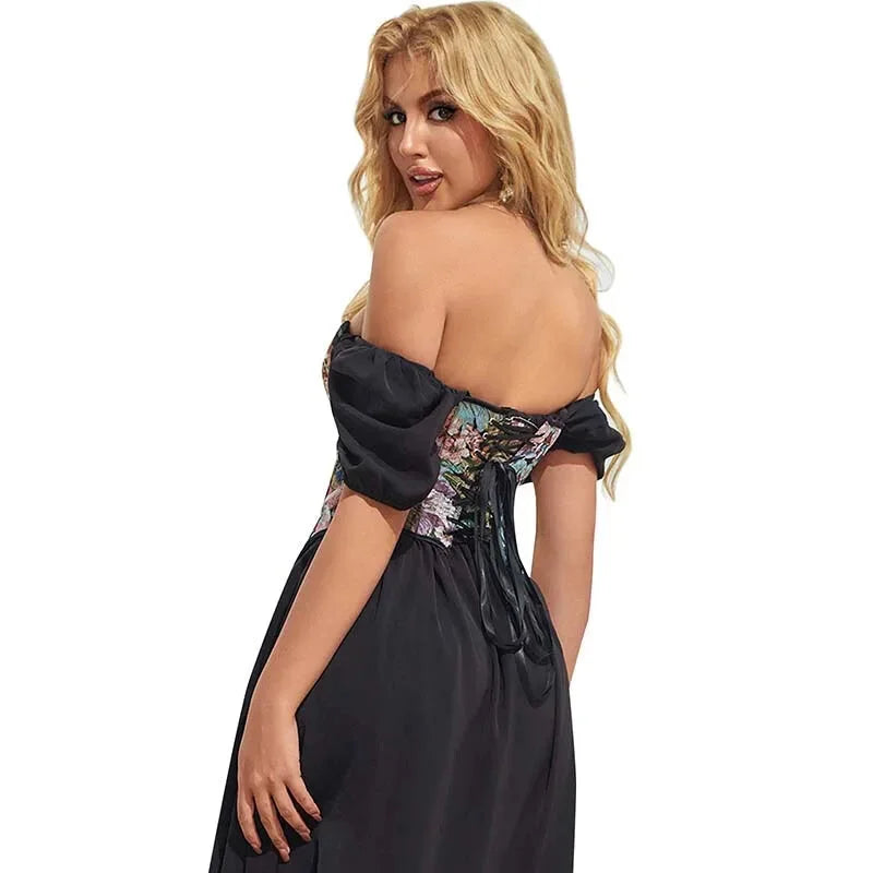 Floral Embroidered Renaissance Corset With Front Busk Closure And Back Lace Women Victorian Bustier - L