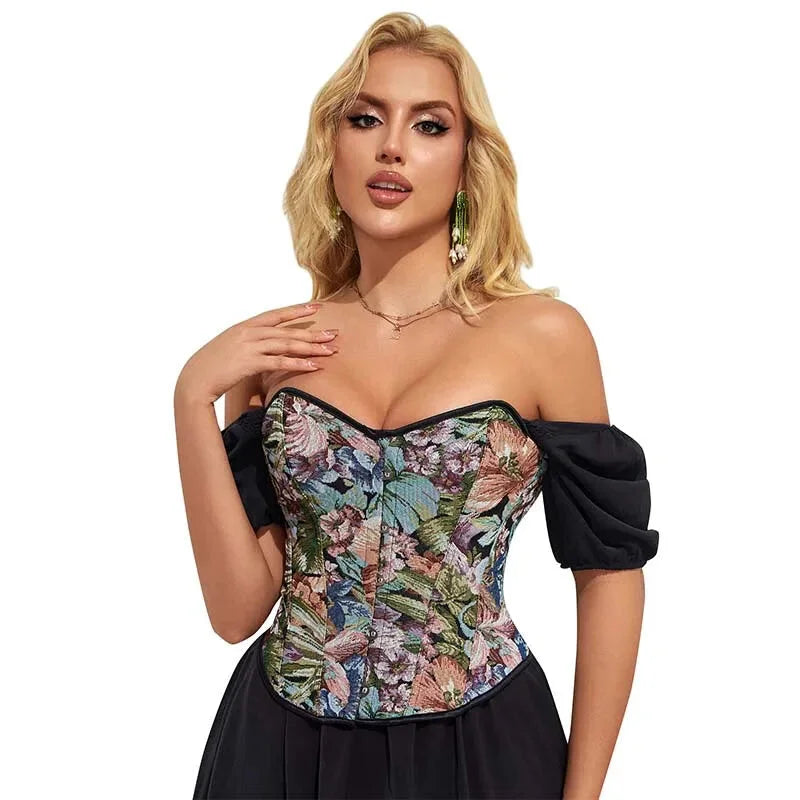 Floral Embroidered Renaissance Corset With Front Busk Closure And Back Lace Women Victorian Bustier - L