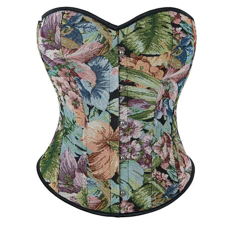 Floral Embroidered Renaissance Corset With Front Busk Closure And Back Lace Women Victorian Bustier - L