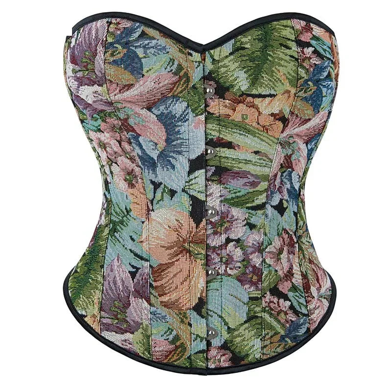 Floral Embroidered Renaissance Corset With Front Busk Closure And Back Lace Women Victorian Bustier - L