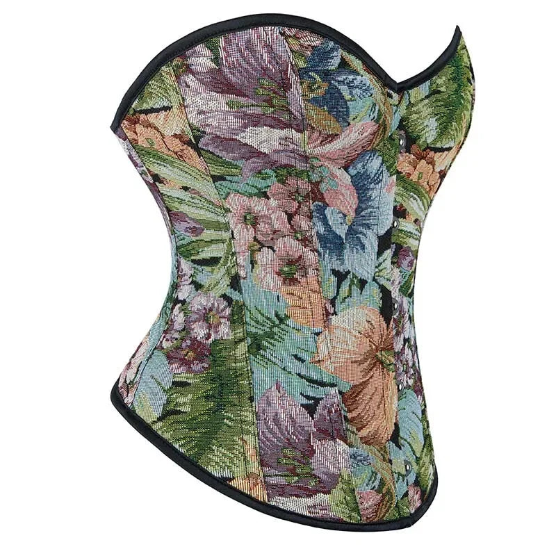 Floral Embroidered Renaissance Corset With Front Busk Closure And Back Lace Women Victorian Bustier - L